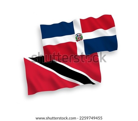 National vector fabric wave flags of Republic of Trinidad and Tobago and Dominican Republic isolated on white background. 1 to 2 proportion.