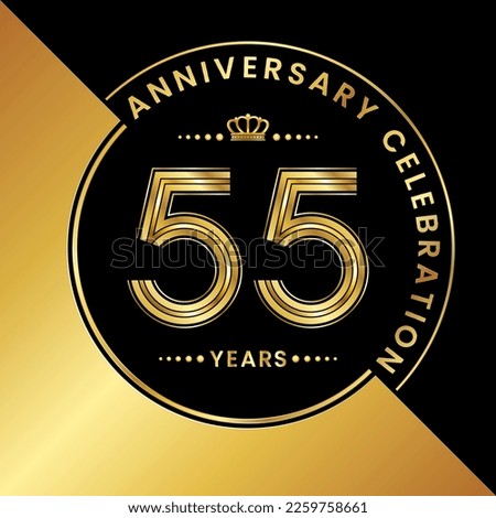 55th Anniversary. logo design with golden numbers and text for birthday celebration event, invitation, wedding, greeting card, banner, poster, flyer, brochure. Logo Vector Template