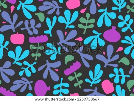 Abstract vector seamless pattern of leaves and pomegranates. Fabric flower leaf textile fashion print in Matisse style. Ethnic trend background. Tropical jungle floral texture.