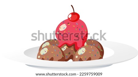 Chocolate strawberry ice cream in plate illustration