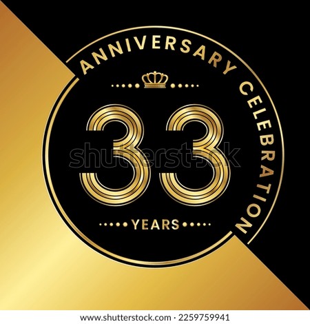 33th Anniversary. logo design with golden numbers and text for birthday celebration event, invitation, wedding, greeting card, banner, poster, flyer, brochure. Logo Vector Template