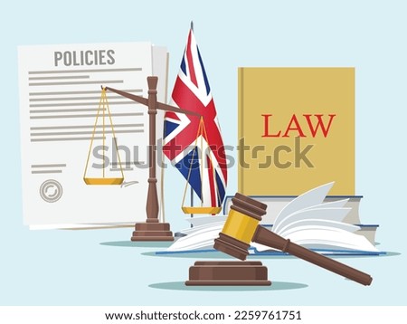 Law and policy of UK law and legislation with polies and court hammer. Company policies, rules and regulation document. Justice and law symbol with balance law and policy of company, UK and USA court. Royalty-Free Stock Photo #2259761751