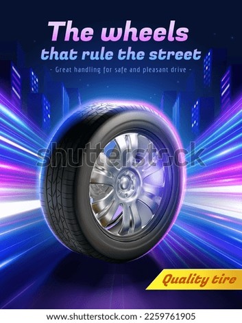 Futuristic tire ad template. 3D realistic tire on neon beam light effect and cityscape background. Concept of high speed quality tire. Royalty-Free Stock Photo #2259761905