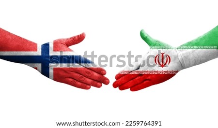 Handshake between Iran and Norway flags painted on hands, isolated transparent image.