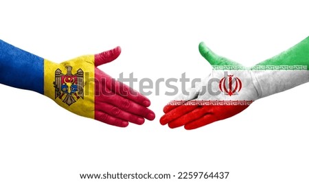 Handshake between Iran and Moldova flags painted on hands, isolated transparent image.
