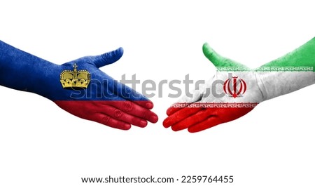 Handshake between Iran and Liechtenstein flags painted on hands, isolated transparent image.