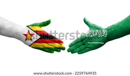 Handshake between Saudi Arabia and Zimbabwe flags painted on hands, isolated transparent image.
