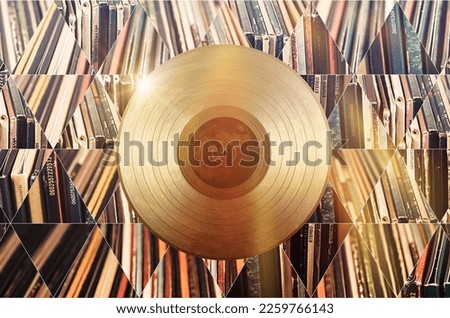 Gold vinyl record on a background with lots of geometric shapes