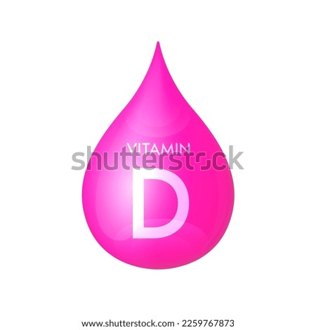 Drip vitamin D pink icon 3D isolated on a white background. Drop minerals and vitamins complex realistic. Used for nutrition products food. Medical scientific concepts. Vector EPS10 illustration.