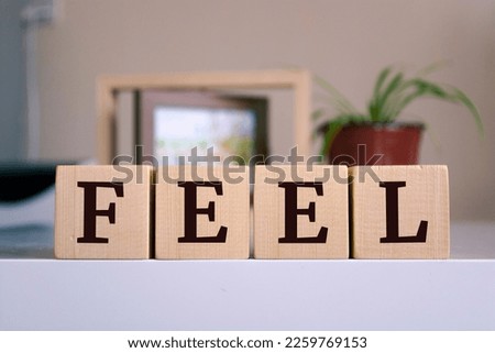The word 'FEEL' written on wood cube.