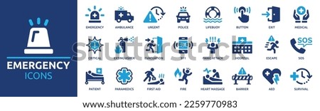 Emergency icon set. Containing ambulance, lifebuoy, first aid, police, medical, emergency exit, hospital and SOS icons. Solid icon collection. Royalty-Free Stock Photo #2259770983