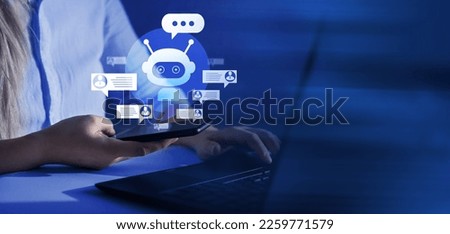 Customer using online service with chat bot to get support. Virtual assistant and CRM software automation technology. Chabot, chat gpt concept.  Royalty-Free Stock Photo #2259771579