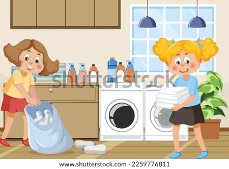 Scene with kids doing laundry illustration