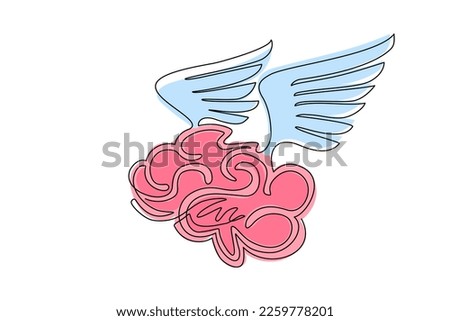 Continuous one line drawing brain with wings fly in the sky. Flying brain icon. Brains of the dreamer. Free mind logo template design label emblem. Single line draw design vector graphic illustration