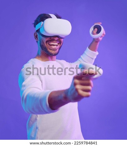 Metaverse, virtual reality glasses and a man with vr control futuristic gaming, cyber and 3d world. Gamer person with controller in hand for ar, digital experience and cyberpunk purple background app