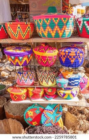 A selection of colourful items in a Nubian market, Aswan, Egypt. Royalty-Free Stock Photo #2259785801