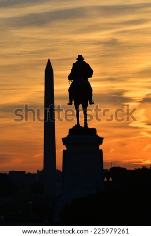 Washington DC - Ulysses S. Grant Memorial and Washington Monument silhouettes in sunset 