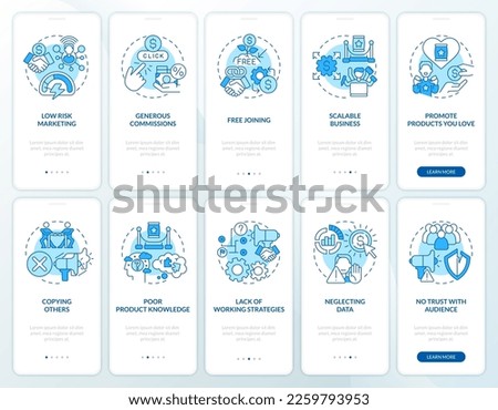 Affiliate marketer work blue onboarding mobile app screens set. Walkthrough 5 steps editable graphic instructions with linear concepts. UI, UX, GUI template. Myriad Pro-Bold, Regular fonts used