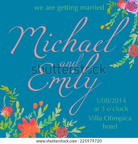 Watercolor flowers invitation. Vintage wedding card design isolated on blue background. Artistic vector template.