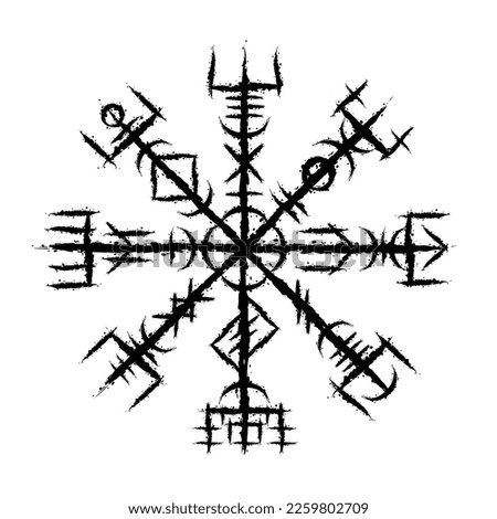 Ink blots Scandinavian viking true vegvisir symbol isolated on white background. Grunge old sign for different designs and patterns