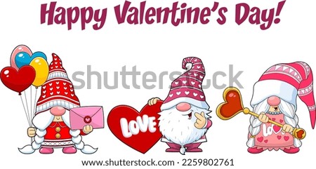 Cute Love Gnomes Cartoon Characters With Text Happy Valentine's Day. Vector Hand Drawn Illustration Isolated On Transparent Background Royalty-Free Stock Photo #2259802761