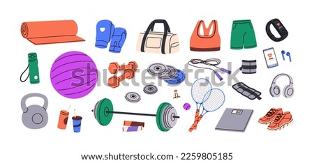 Sport equipment set. Gym accessories, training items, workout stuff, sportswear, athletic bag. Dumbbells, water bottle, fitness mat. Flat graphic vector illustrations isolated on white background Royalty-Free Stock Photo #2259805185