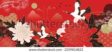 Luxury abstract oriental pattern background vector. Elegant japanese pattern gold line art design with crane birds and chrysanthemum flowers. Design illustration for home decoration, card, poster.