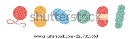 Vector set with wool yarn balls and skeins. Cozy crafting hobby. Knitting.  Royalty-Free Stock Photo #2259815663