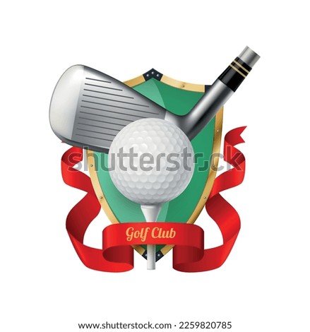 Golf composition with isolated golf club emblem with realistic ball and brassie images vector illustration