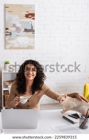 Smiling freelancer holding coffee and petting oriental cat near devices at home