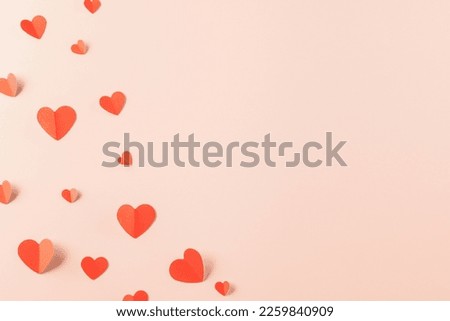 Happy Valentine Day concept, red paper hearts shape cutting isolated pastel pink background, Happy mother day, Symbol of love paper art elements with place for text, Banner design greeting card