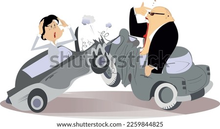 Two cars fall into a road accident. 
Angry driver man shout to woman driver smashed into his the car. Isolated on white background
