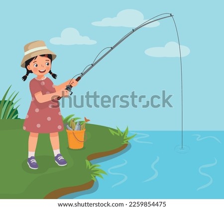 Cute little girl fishing at the river holding a fishing rod