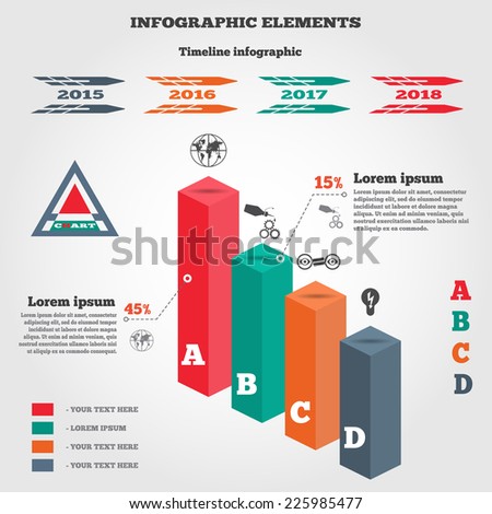 Infographic elements. 3d columns chart of data with icons and shadow. Prismatic solid and timeline diagram with icons. Modern colored flat banner with five options. Vector illustration. EPS10