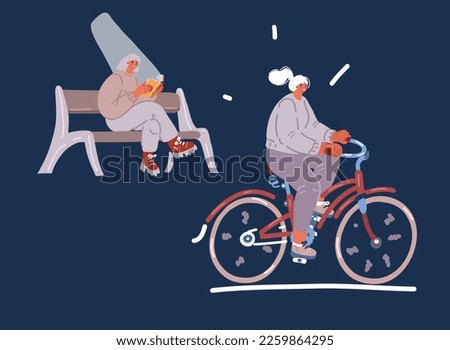 Cartoon vector illustration of Woman riding a bicycle Another sitting on the bench reading book on dark background