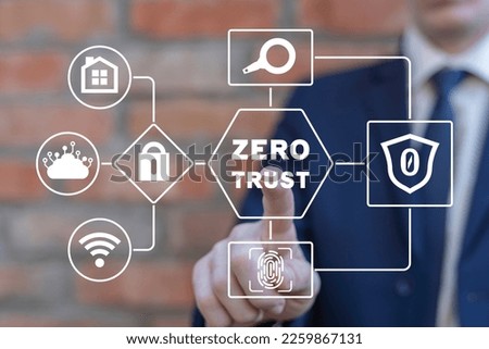 Businessman using virtual touch screen presses inscription: ZERO TRUST. Concept of zero trust security network. Royalty-Free Stock Photo #2259867131