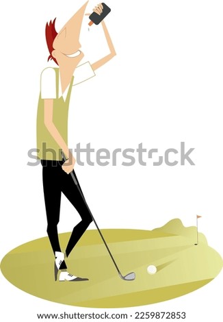 Young man playing golf. Illustration. 
Cartoon man holding golf club and drinking water. Isolated on white background
