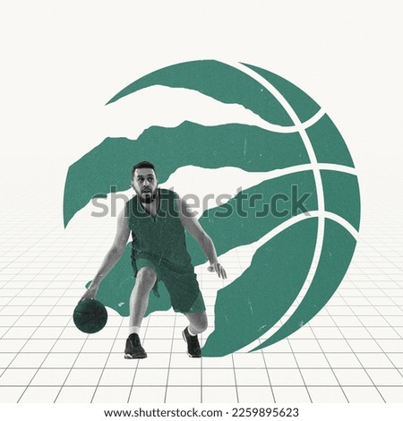 Modern creative design. Contemporary art. Dribbling. Young man in green uniform playing basketball, training over light background with drawings. Sport, motion, action, competition. Bright colors