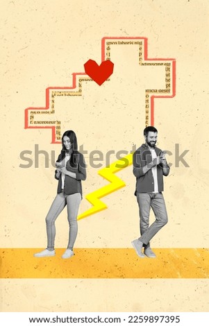 Collage photo artwork advertisement online dating app remote lovely people communicate match heart sweetheart soulmates isolated on beige background