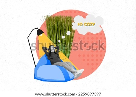 Image design photo artwork collage of dreaming minded woman lying beanbag enjoy her interior good home decorations isolated on painted background