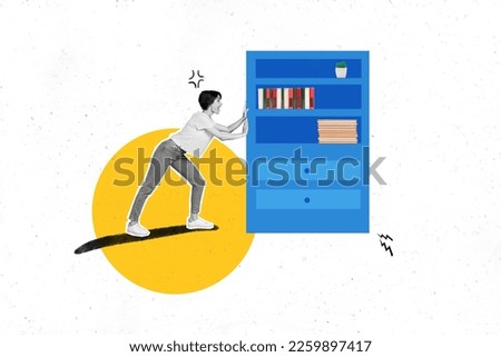 Collage photo of young excited woman pushing huge blue painted sketch wardrobe bookcase interior renovation isolated on white color background