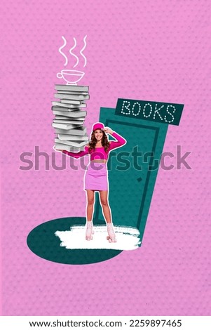 Photo collage artwork of young delivery woman service rollerskates hold stack books library store buy new knowledge isolated on pink background