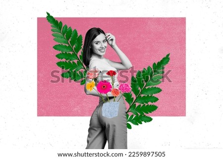 Composite photo artwork collage of young cheerful attractive lady wear stylish jeans behind pocket fresh flowers beauty isolated on pink background Royalty-Free Stock Photo #2259897505