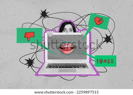 Creative magazine poster collage of scared influencer lady blogging suffer hate speech message social network Royalty-Free Stock Photo #2259897515