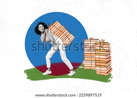 Photo creative artwork collage knowledge day concept of young funny librarian girl drag stack books more information isolated on painted background