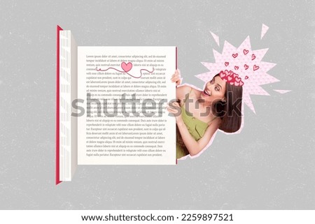 Creative template picture collage of weird woman read big open paper book enjoy romantic story full hearts head