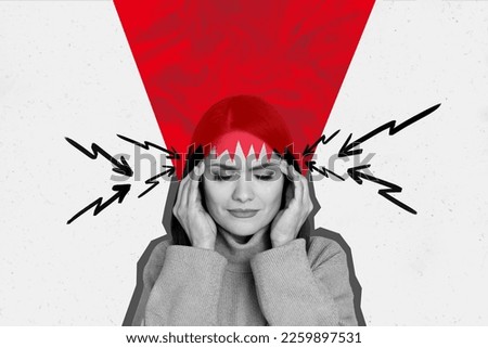 Poster magazine template collage of lady touch head suffer terrible headache pharmaceutical painkillers advert concept