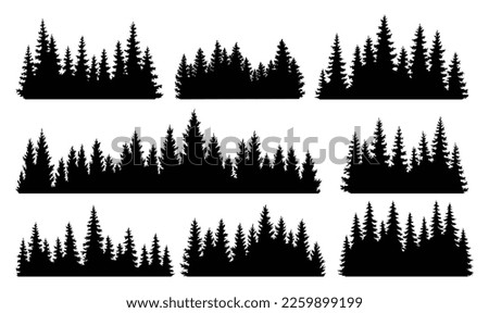 Fir trees silhouettes set. Coniferous spruce horizontal background patterns, black evergreen woods vector illustration. Beautiful hand drawn panorama with treetops forest. Black pine woods Royalty-Free Stock Photo #2259899199