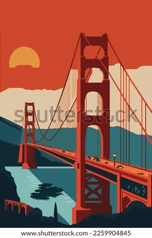 famous Golden Gate Bridge, San Francisco vector flat color illustration for wall art print poster Royalty-Free Stock Photo #2259904845