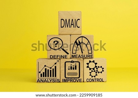  Six Sigma,Lean,DMAIC,Industrail process improvement,Quality Control Concept.,the word "DMAIC" (Define, Measure, Analyze, Improve, Control) and an icon on wooden cubes over yellow background.